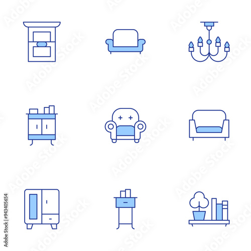 Home furniture icons set. Line Duotone style, editable stroke. armchair, sofa, chandelier, cupboard, wardrobe, nightstand, shelf, window