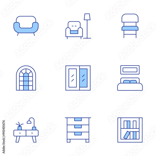 Home furniture icons set. Line Duotone style, editable stroke. book shelf, window, rest, drawers, commode, sofa, chair, bed