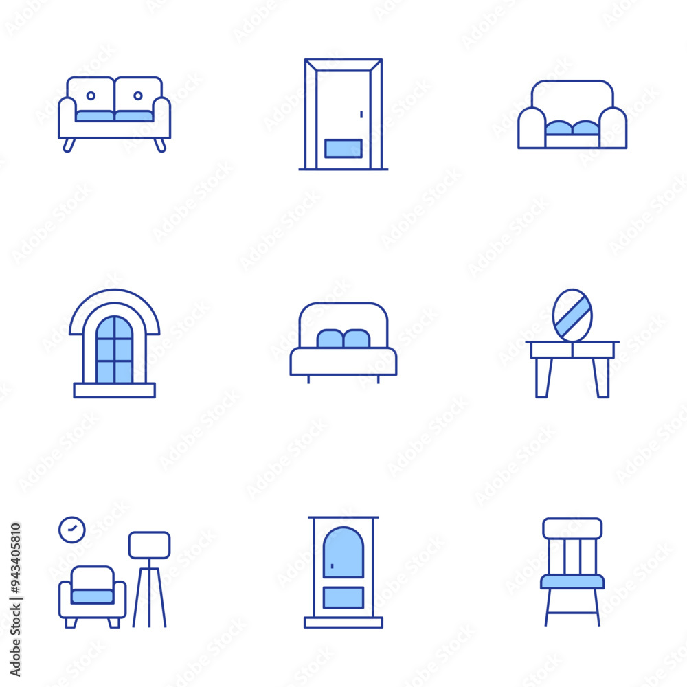 Home furniture icons set. Line Duotone style, editable stroke. door, window, sofa, double bed, wooden chair, dressing table Home furniture icons set. Line Duotone style, editable stroke. door, window, sofa, double bed, wooden chair, dressing table