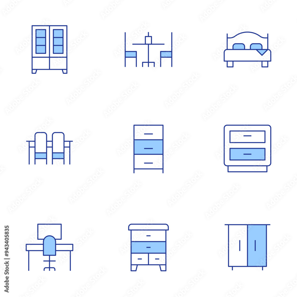 Home furniture icons set. Line Duotone style, editable stroke. drawers, table, cabinet, dinner table, bedside table, desk, cupboard, dresser, bed Home furniture icons set. Line Duotone style, editable stroke. drawers, table, cabinet, dinner table, bedside table, desk, cupboard, dresser, bed