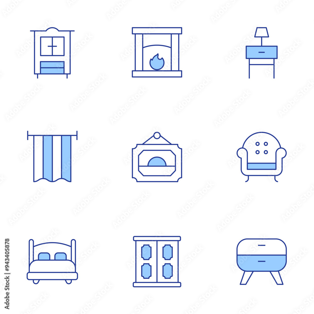 Home furniture icons set. Line Duotone style, editable stroke. fireplace, picture, wardrobe, double bed, bedside table, curtain, armchair, cupboard Home furniture icons set. Line Duotone style, editable stroke. fireplace, picture, wardrobe, double bed, bedside table, curtain, armchair, cupboard