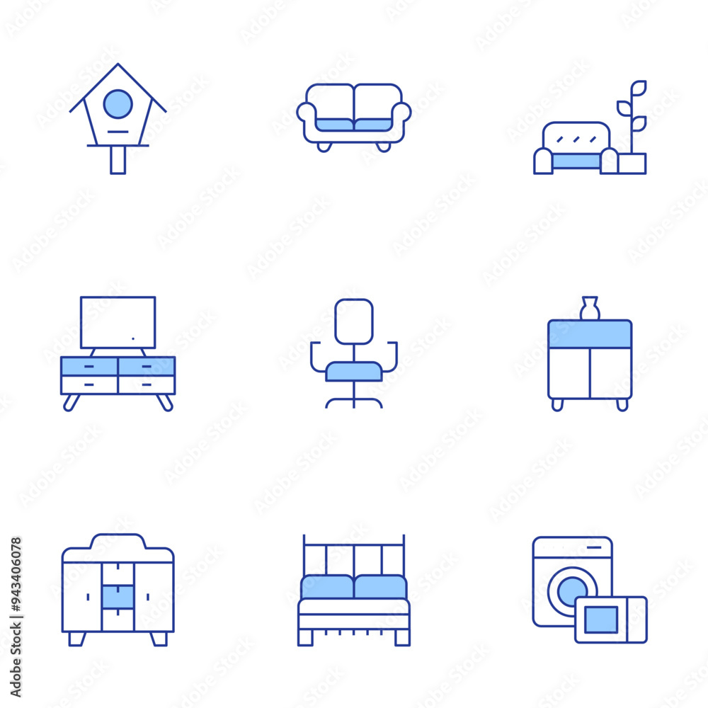 Home furniture icons set. Line Duotone style, editable stroke. tv table, couch, wardrobe, sideboard, bird house, desk chair, electronics, double bed, living room Home furniture icons set. Line Duotone style, editable stroke. tv table, couch, wardrobe, sideboard, bird house, desk chair, electronics, double bed, living room