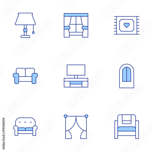 Home furniture icons set. Line Duotone style, editable stroke. window, rug, tv table, curtain, table lamp, house door, sofa, home decor