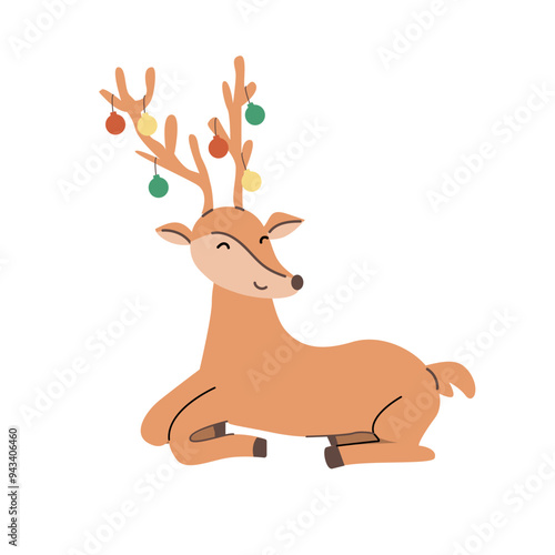 Xmas reindeer flat cartoon illustration. Cute animal deer standing and sitting. Isolated object. Christmas animal for decorations, greeting card.