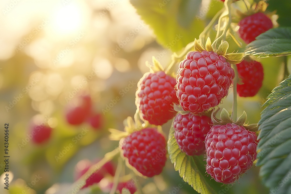 A close-up of a raspberry bush, with ripe, juicy berries ready for picking A close-up of a raspberry bush, with ripe, juicy berries ready for picking