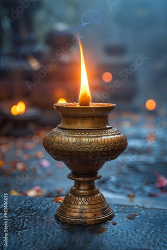 Ancient Oil Lamp Burning Against Dark Background, Candle in a decorative holder with a warm flame and colorful bokeh background