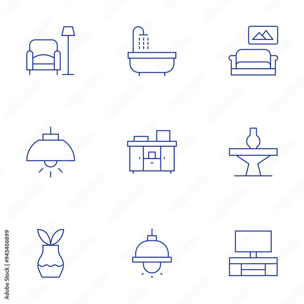 Home furniture icons set. Thin Line style, editable stroke. bathtub, cabinet, ceiling lamp, sofa, table, tv table, furniture, light, plant Home furniture icons set. Thin Line style, editable stroke. bathtub, cabinet, ceiling lamp, sofa, table, tv table, furniture, light, plant