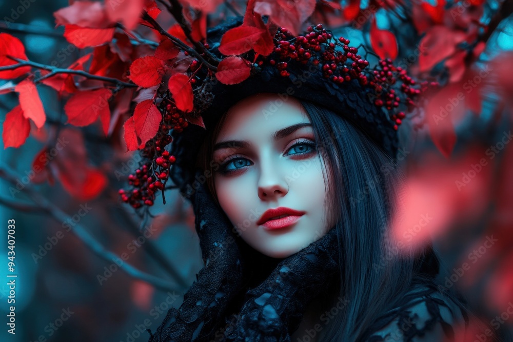 An enchanting portrait of a person with vibrant red foliage and berries adorning their head, creating a captivating and mystical appearance amidst natural surroundings. An enchanting portrait of a person with vibrant red foliage and berries adorning their head, creating a captivating and mystical appearance amidst natural surroundings.