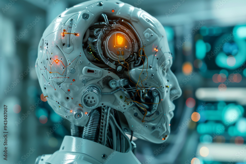 Fototapeta premium Cybernetic brain interface showing decreasing neural activity, illustrating depression in a high tech medical lab