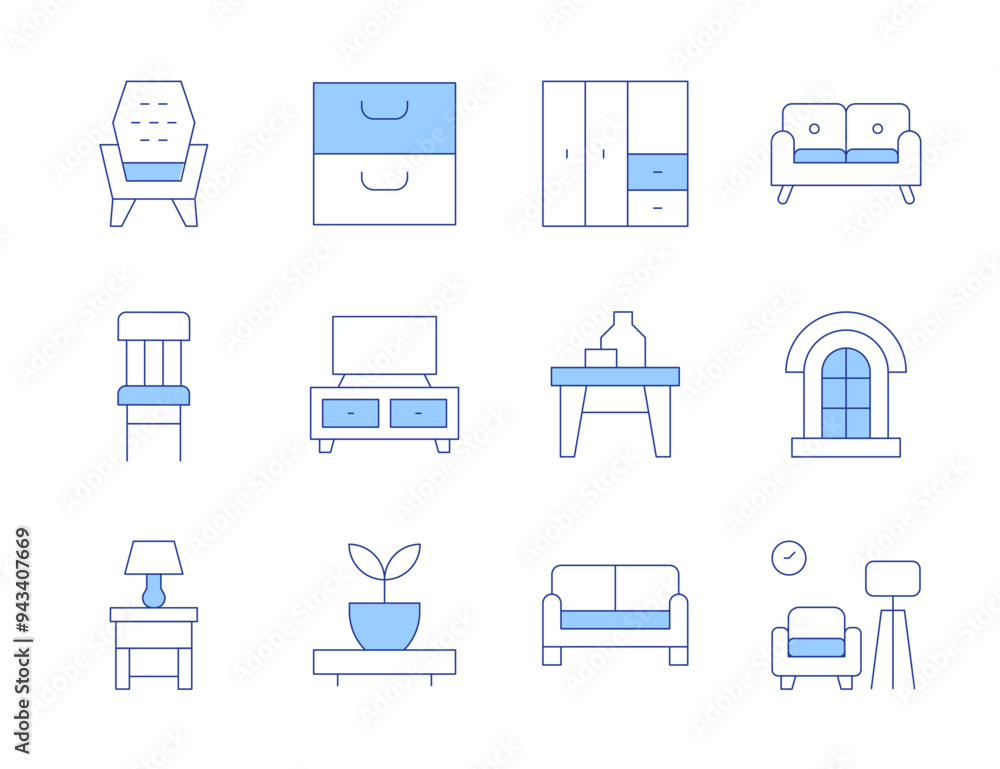 Home furniture icons. Line Duotone style, editable stroke. sofa, wardrobe, window, tv table, table, armchair, shelves, chest of drawers, bedside table, chair Home furniture icons. Line Duotone style, editable stroke. sofa, wardrobe, window, tv table, table, armchair, shelves, chest of drawers, bedside table, chair