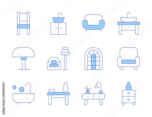 Home furniture icons. Line Duotone style, editable stroke. sofa, bathtub, drawers, chair, sink, window, lamp, cabinet, table