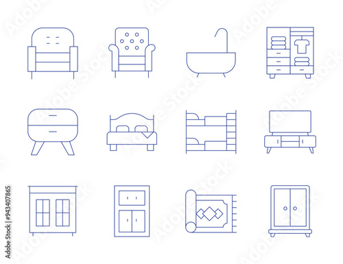 Home furniture icons. Thin Line style, editable stroke. armchair, bed, cabinet, bedside table, bathtub, bunk bed, carpet, wardrobe, tv