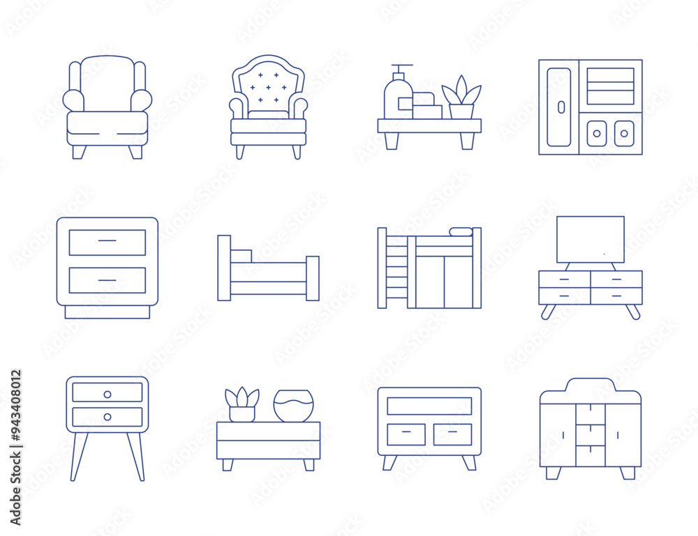 Home furniture icons. Thin Line style, editable stroke. armchair, bedside table, cabinet, bed, bathroom, bunk bed, wardrobe, tv table Home furniture icons. Thin Line style, editable stroke. armchair, bedside table, cabinet, bed, bathroom, bunk bed, wardrobe, tv table