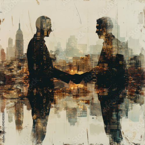 shaking hands in silhouette in front of an image of city photo