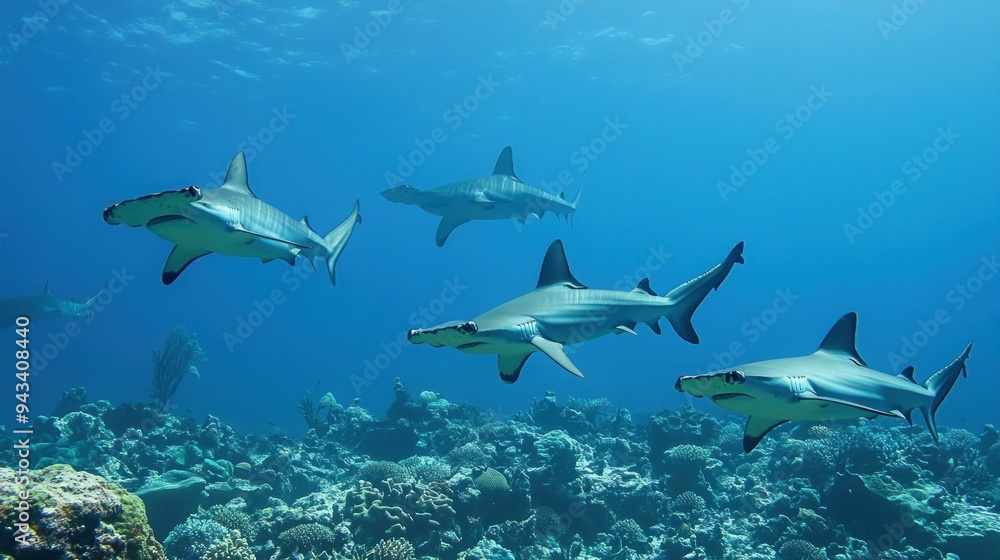 Obraz premium Hammerhead Sharks Swimming in a Vibrant Coral Reef