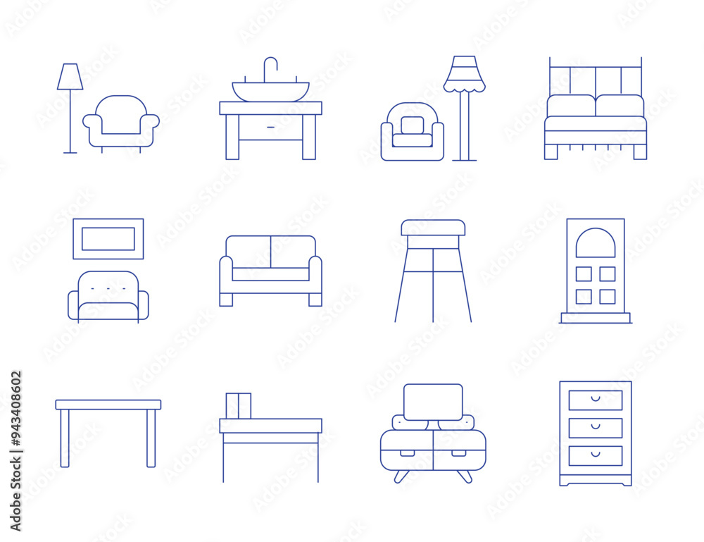 Home furniture icons. Thin Line style, editable stroke. sofa, table, sink, stool, tv table, double bed, door, drawers Home furniture icons. Thin Line style, editable stroke. sofa, table, sink, stool, tv table, double bed, door, drawers