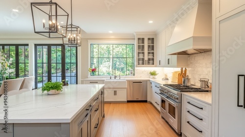 A bright and modern kitchen with high-end appliances, an island, and plenty of storage