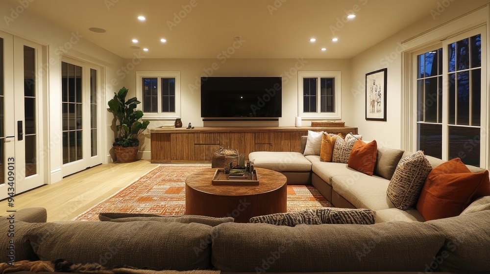 A comfortable and stylish family room with a sectional sofa, TV, and plenty of space for gatherings A comfortable and stylish family room with a sectional sofa, TV, and plenty of space for gatherings