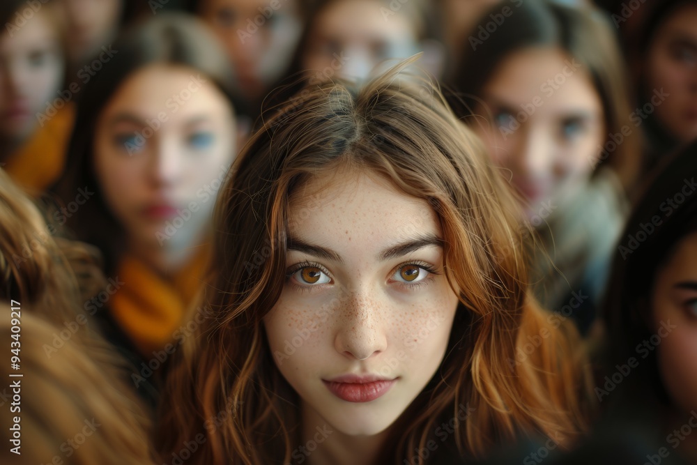 Close-up portrait of a young woman with freckles standing out in a crowd. Close-up portrait of a young woman with freckles standing out in a crowd.