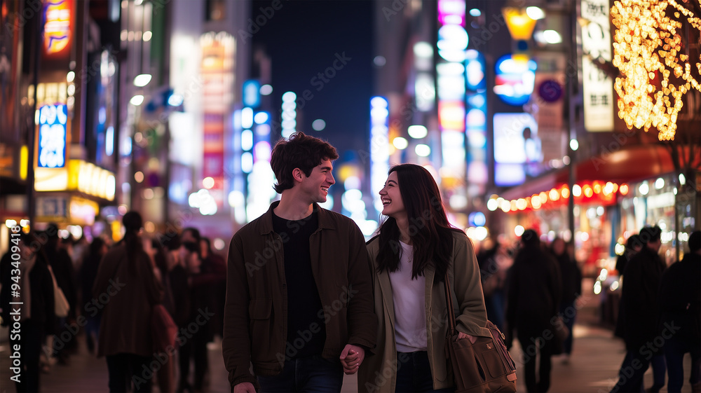 Fototapeta premium 夜の東京を歩く若い西洋人カップル