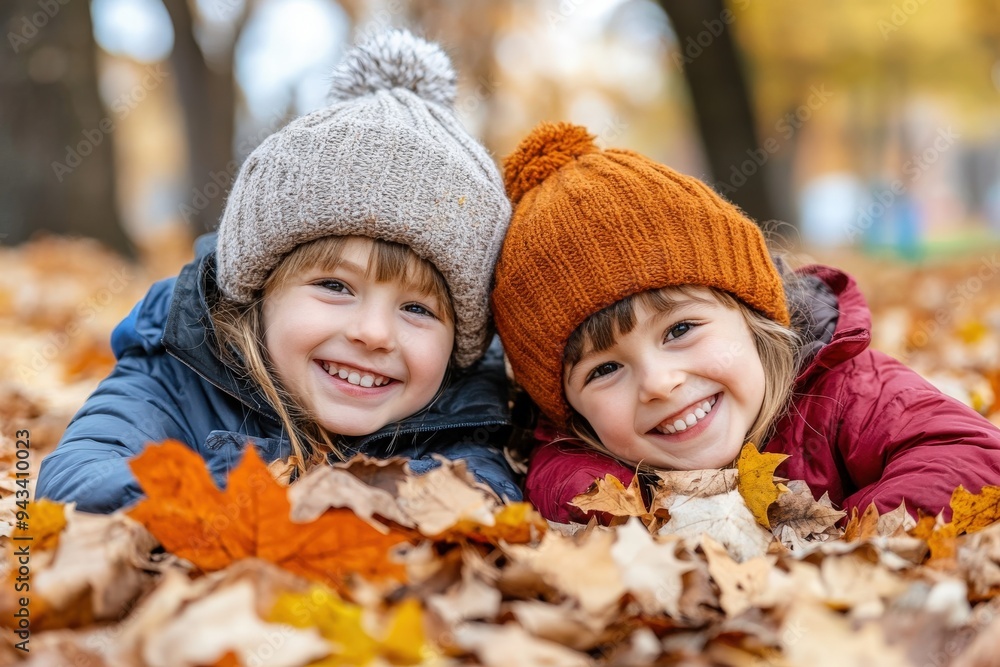 Two young children smile joyfully as they lie among autumn leaves, bundled up in warm clothing and hats, capturing a moment of playful happiness and camaraderie outdoors. Two young children smile joyfully as they lie among autumn leaves, bundled up in warm clothing and hats, capturing a moment of playful happiness and camaraderie outdoors.