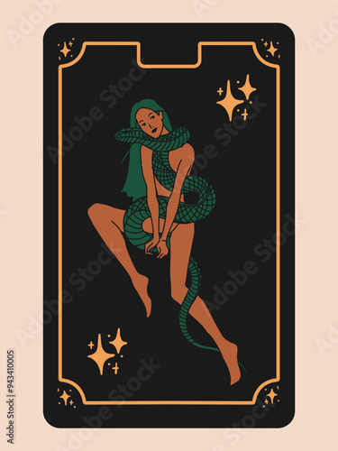 Tarot card with woman with a snake wrapped around her body