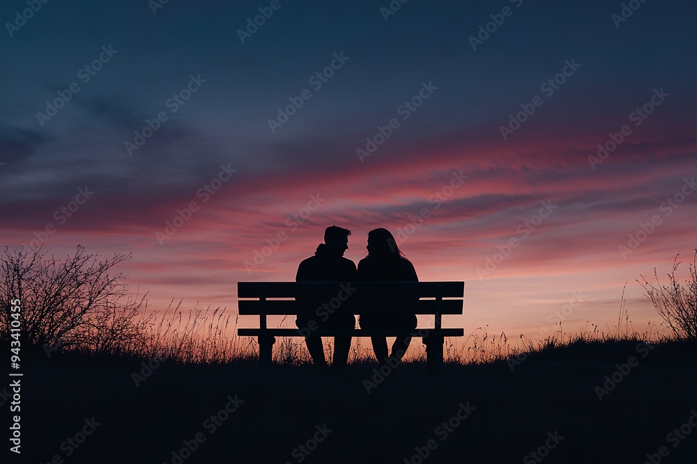 A couple sharing a quiet moment on a bench, silhouetted against a twilight sky A couple sharing a quiet moment on a bench, silhouetted against a twilight sky