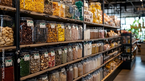 Glass jars of dried goods fill the shelves of a bulk food store, promoting a zero-waste lifestyle.