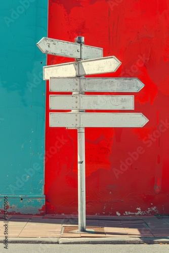 Vintage directional signs on a colorful urban wall background.