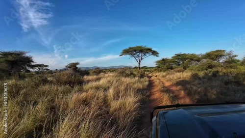 A 4x4 drives through the savannah in Kenya