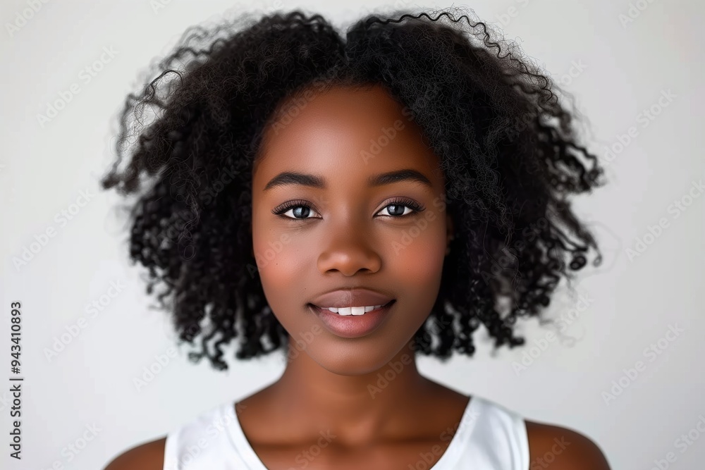 Beautiful black woman with afro hair style smiling on white background Beautiful black woman with afro hair style smiling on white background
