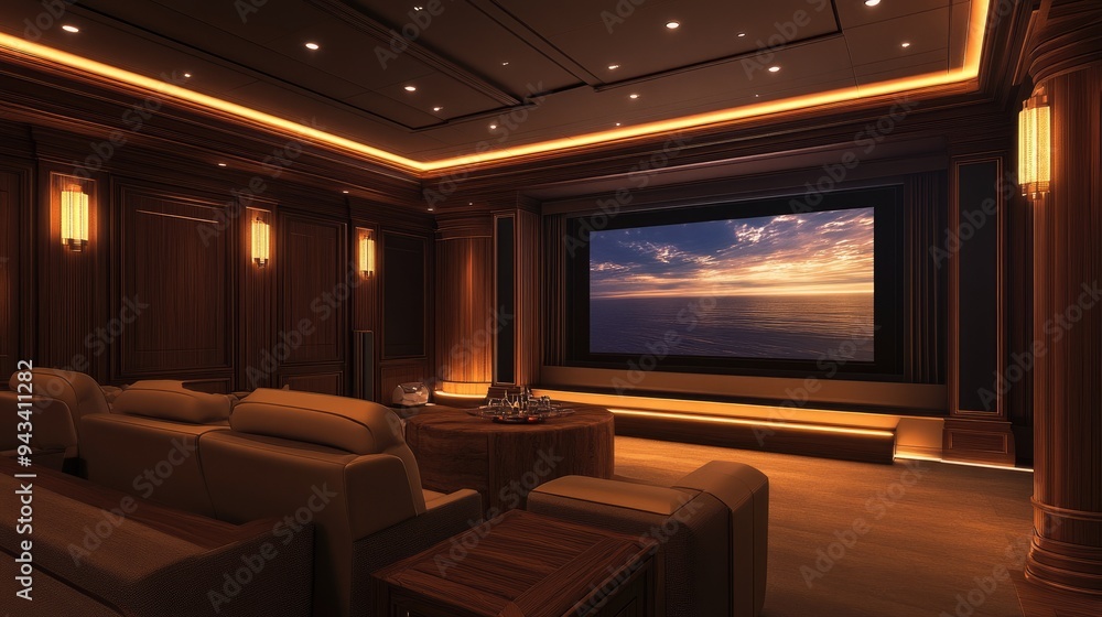 Fototapeta premium A home theater room with a large screen, comfortable seating, and dimmable lighting