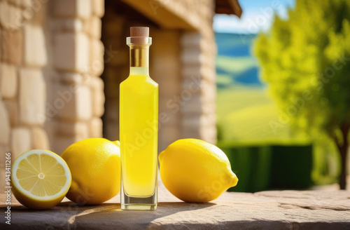 Limoncello italian lemon liquor or juice in transparent glass and lemons stands on stone surface against background of facade of stone ancient house on a sunny day. Harvest season photo