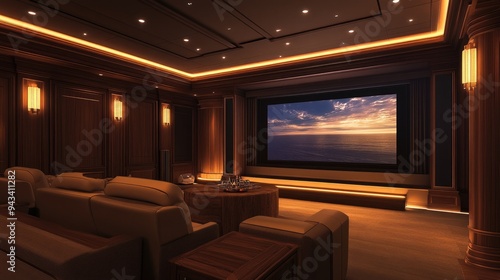 A home theater room with a large screen, comfortable seating, and dimmable lighting