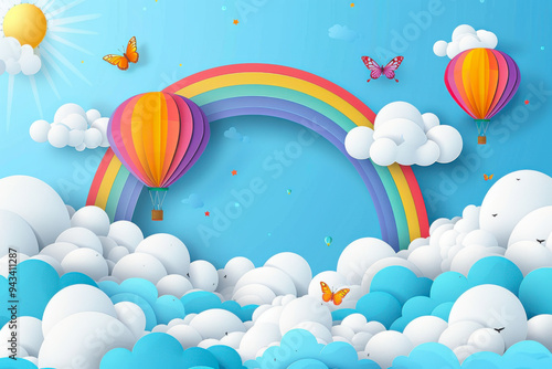 Beautiful fluffy clouds on blue sky background with summer sun