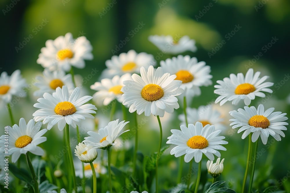 A field of daisies in full bloom, with white petals and bright yellow centers dotting a green landscape A field of daisies in full bloom, with white petals and bright yellow centers dotting a green landscape