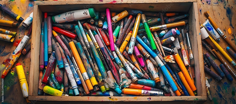 A Wooden Box Overflowing with Colorful Art Supplies A Wooden Box Overflowing with Colorful Art Supplies