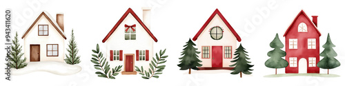 A beautiful collection of quaint houses surrounded by greenery, perfect for seasonal decorations or cozy home themes.