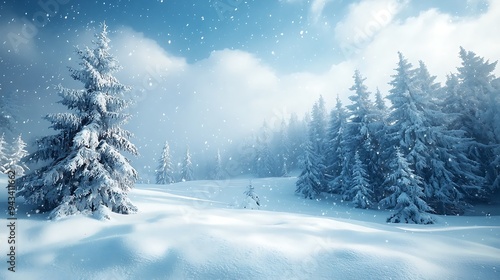 A snowy winter forest, with fir trees dusted in white and snowflakes gently falling, evokes a tranquil, winter wonderland.