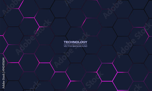 Dark hexagon abstract technology background with pink and purple colored bright flashes under hexagon. Hexagonal gaming vector abstract tech background.