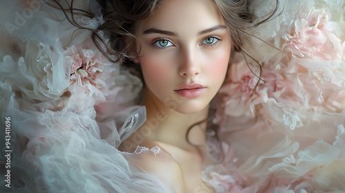 A beautiful woman draped in flowers and lace exudes a delicate, timeless beauty, evoking a sense of grace and romance.