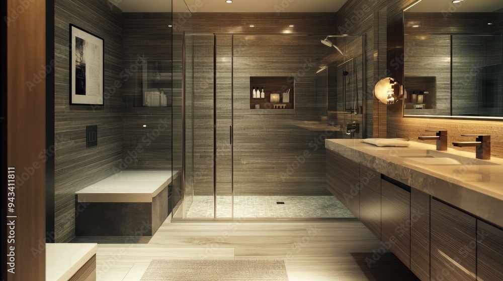 A modern bathroom with a glass-enclosed shower, sleek vanity, and contemporary design A modern bathroom with a glass-enclosed shower, sleek vanity, and contemporary design