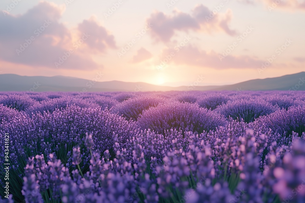 A field of lavender in full bloom, with a soft purple hue stretching to the horizon A field of lavender in full bloom, with a soft purple hue stretching to the horizon