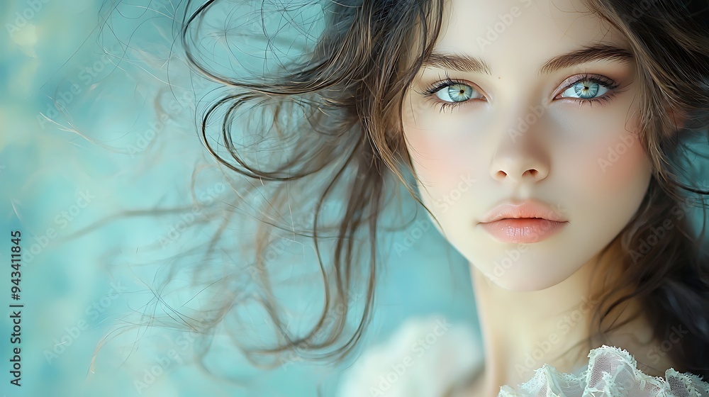 Fototapeta premium A close-up portrait of a woman with blue eyes and brown hair emphasizes her captivating gaze and soft features.