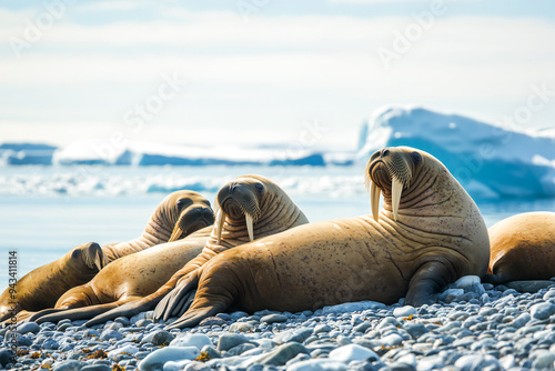 A group of walruses sunbathing on a rocky beach, against a backdrop of blue ice and clear skies photo