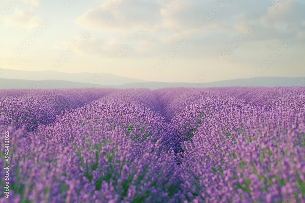 Fototapeta premium A field of lavender stretching to the horizon, with a soft purple hue under a clear sky