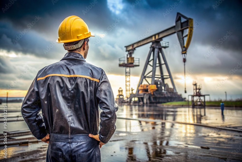 Oil production. An oil well and a man in work clothes and a construction helmet. Oil platform and industrial equipment. Difficult working conditions. Oil production. An oil well and a man in work clothes and a construction helmet. Oil platform and industrial equipment. Difficult working conditions.
