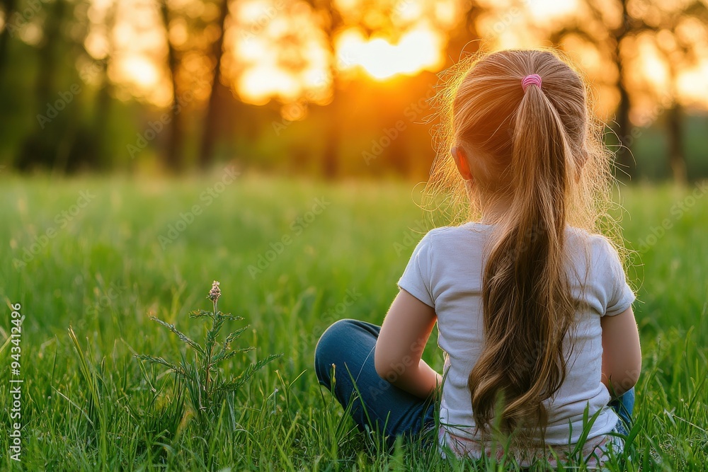 Fototapeta premium A little girl with a ponytail sits on the grass in a park, looking at the sunset. The golden light beautifully illuminates the serene scene.
