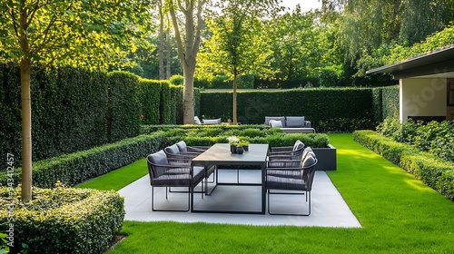 Modern Patio Set Amidst Lush Green Garden