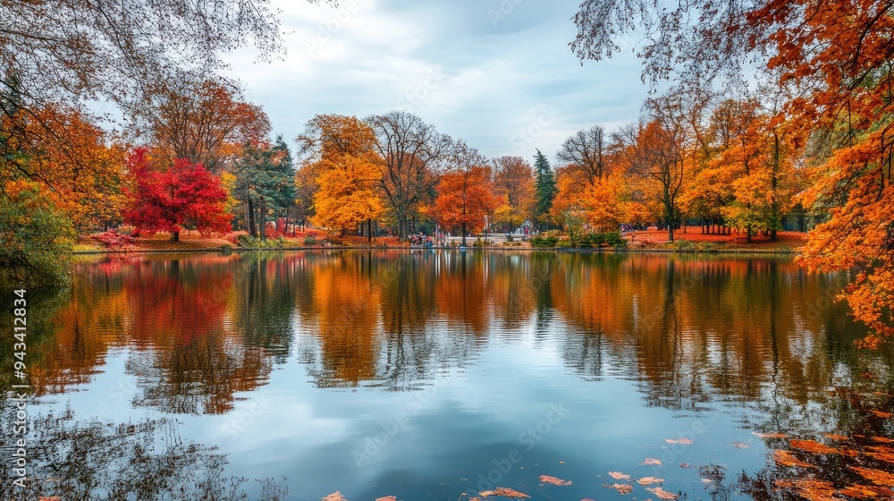 A park with a picturesque lake, surrounded by trees in autumn colors, reflecting on the water A park with a picturesque lake, surrounded by trees in autumn colors, reflecting on the water